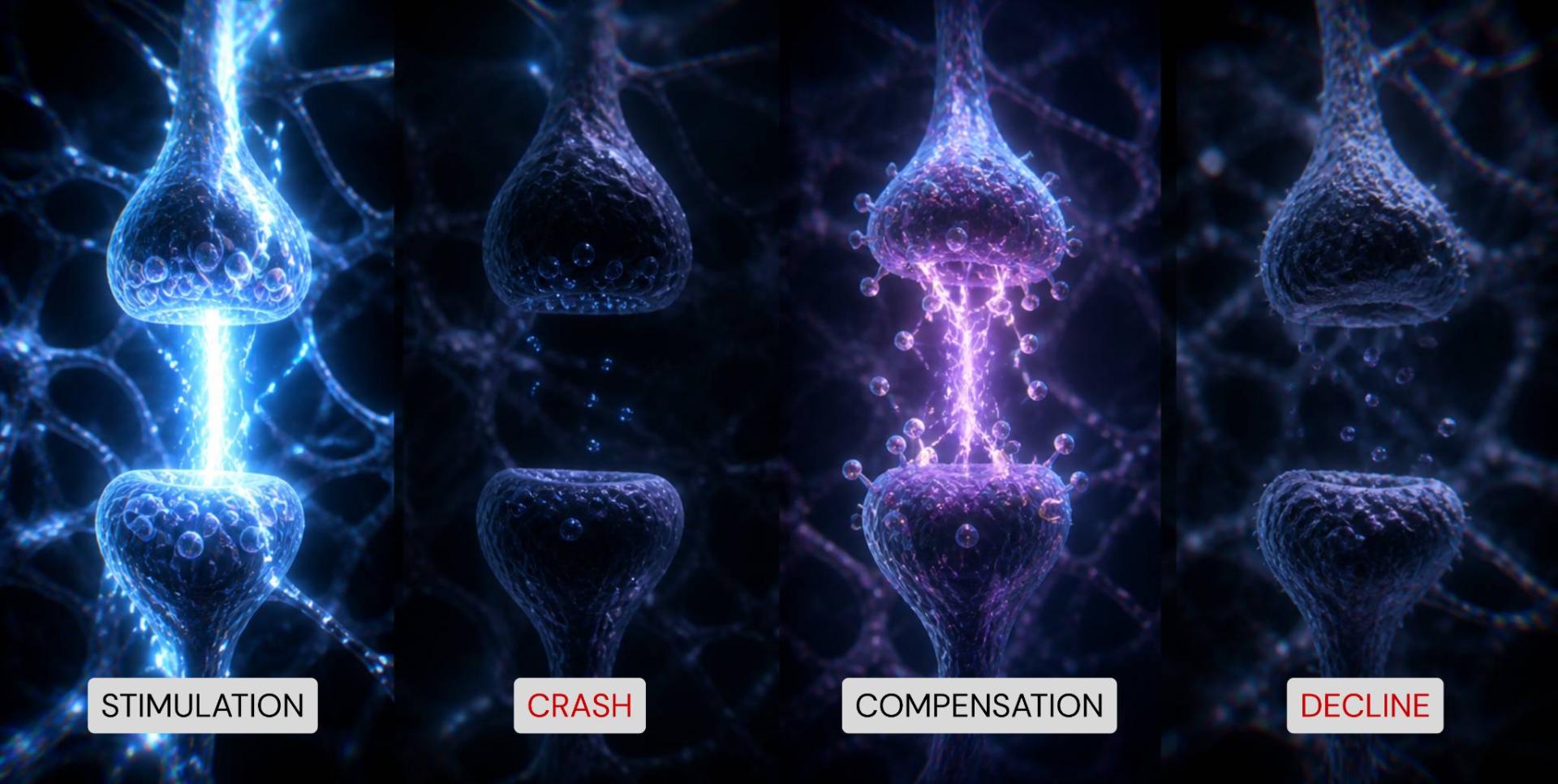 Synapse stages: stimulation, crash, compensation, decline